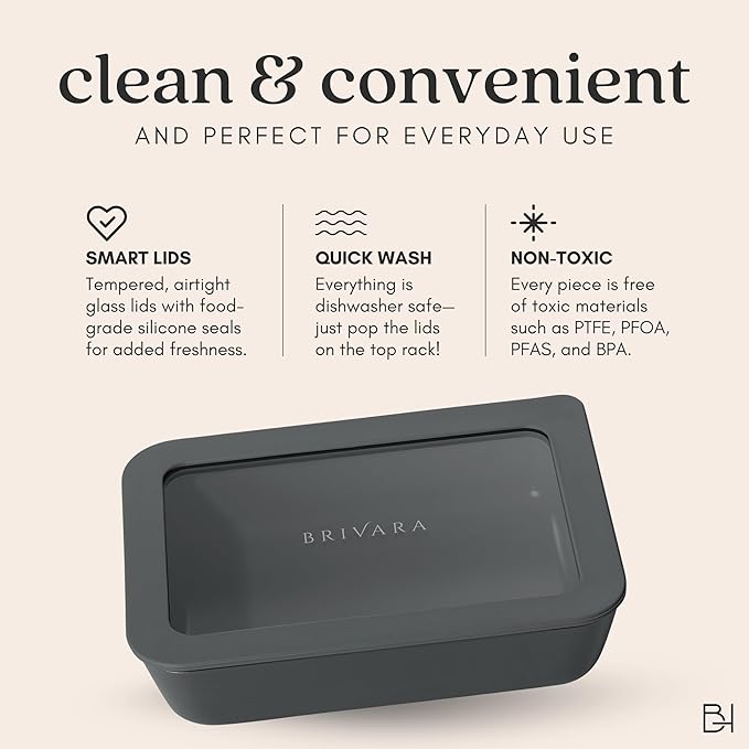 Ceramic Coated Glass Food Storage Container | No PTFE, PFOA, PFAS, and BPA | Reusable Non Toxic Meal Prep Container with Glass Lid | Easy To Store | 6 Piece Food Prep [Onyx]