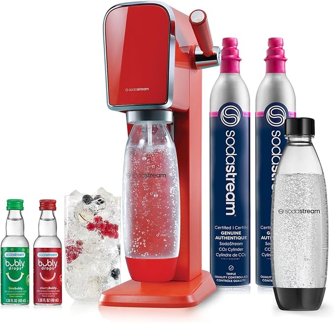 SodaStream - ART Sparkling Water Maker | VALUE BUNDLE | CQC CO2 system | Includes 2x CO2 Cylinders, 2x 32 Fl Oz Dishwasher Safe Bottles, 2x Bubly Flavor Drops | Combine with Flavors | Mandarin Red
