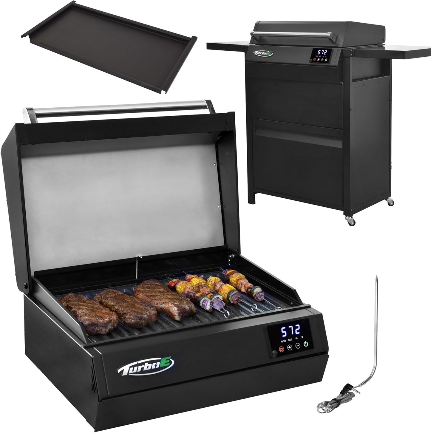 Turbo E Sport Outdoor Electric Grill by PLUGNGRILL | Exclusive Cart, Griddle Insert and Cover Included, Compact Design, Faster Preheat, Digital Temp Control | High-Power Infrared Outdoor BBQ & Searing