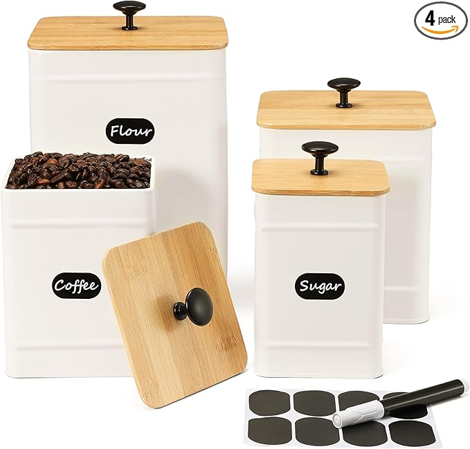 PERFNIQUE Kitchen Canisters, Airtight Canister Sets for Kitchen Counter, Kitchen Canisters for Countertop Set of 4, Coffee Tea Sugar Flour Spice Tin Jars Food Storage Container with Lid(White)