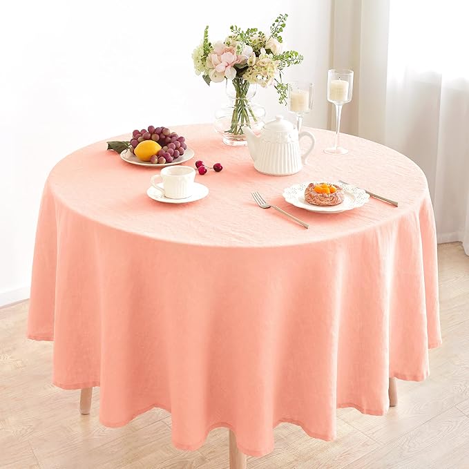 Linen World Linen Tablecloth,100% French Flax Round Tablecloth 60" Inch,Washable Natural Table Cloth for Dining,Outdoor,Weddings and Restaurants,Decorative Christmas,Peach Pink