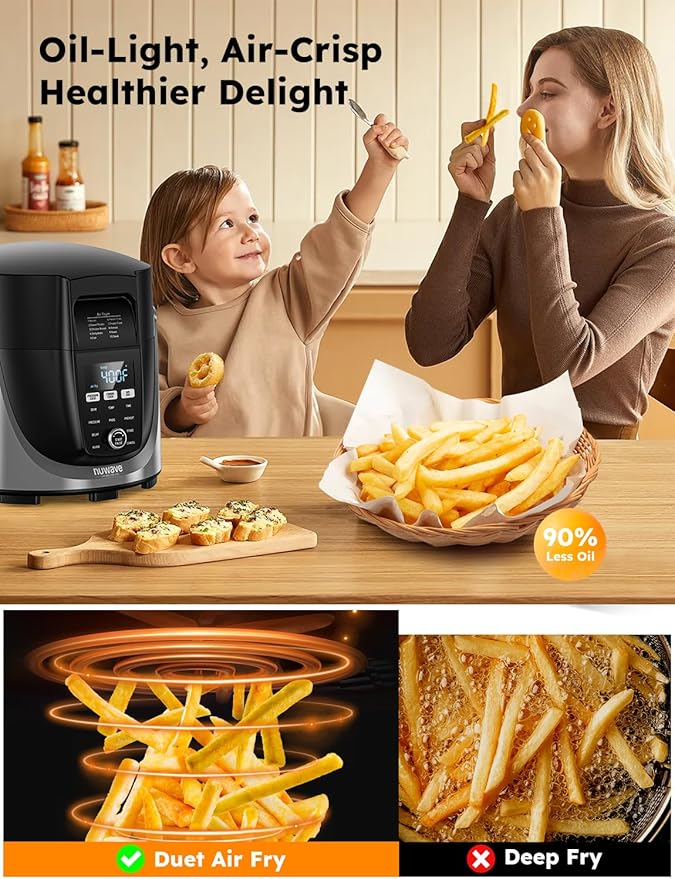 Nuwave Duet Air Fryer, Electric Pressure Cooker & Grill Combo, 540 IN 1 Multicooker with 2 Removable Lids, Slow Cook, Sears, Sautés, 18/10 SS Pot, Sure-Lock Safety Tech & 9 Deluxe Accessories