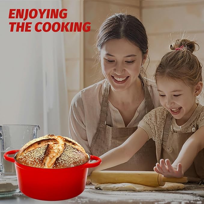 5QT Enameled Cast Iron Bread Oven with Proofing Basket for Bread Baking, Bread Making Supplies Tools,Heavy-Duty Cookware for Braising, Stews, Roasting, Bread Baking (Red)