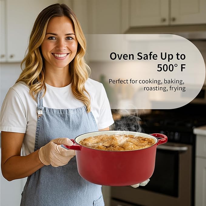 Enameled Cast Iron Dutch Oven Pot with Lid, 5.7 Quart Dutch Oven for Bread Baking, Oven Safe up to 500° F, Suitable for Bread Baking, Braising, Roasting, Stews, Red