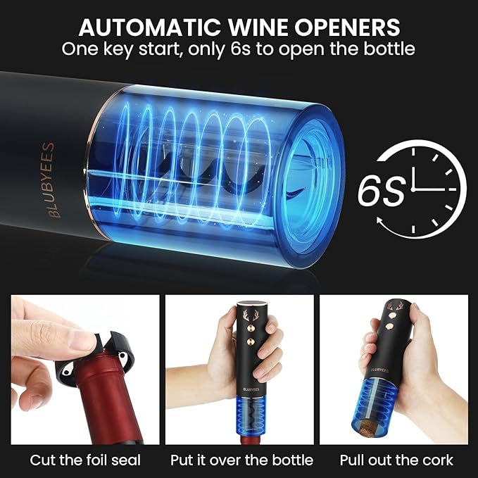 4-in-1 Rechargeable Electric Wine Opener Set - Automatic Corkscrew, Foil Cutter, Aerator Pourer, Vacuum Stopper - Wine Lovers Gifts for Women and Men