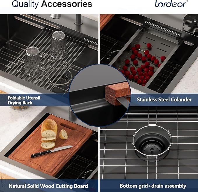 Lordear 33 Waterfall Kitchen Sink Black 33"x22" Drop In Kitchen Sinks Workstation Gunmetal Black 16 Gauge Single Bowl Topmount Handmade Sinks with Pull Out Faucet,Split Faucet Style