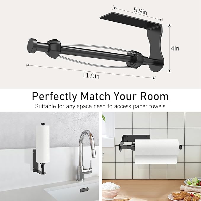 SetSail Paper Towel Holder Under Cabinet Easy Tear Wall Mount Self-Adhesive or Drilled for Kitchen Bathroom Black 2 Packs
