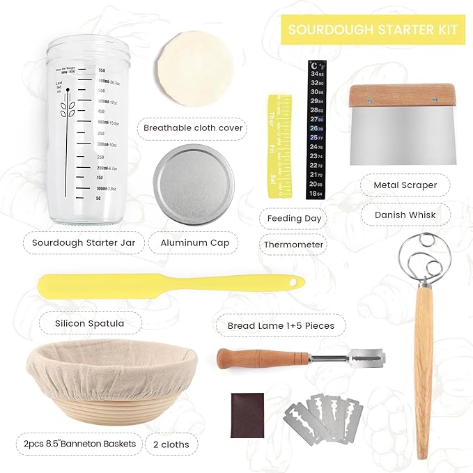 Bread Proofing Baskets, 2pcs Round 8.5inch Sourdough Starter Kit, Sourdough Bread Baking Supplies (Yellow)