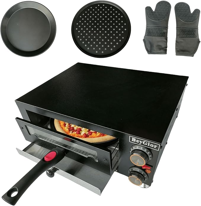12 Inch Electric Pizza Oven Indoor, Countertop Pizza Oven with Visual Window, Commercial Pizza Maker with Removable Handle, Stainless Steel Pizza Cooker (Black)