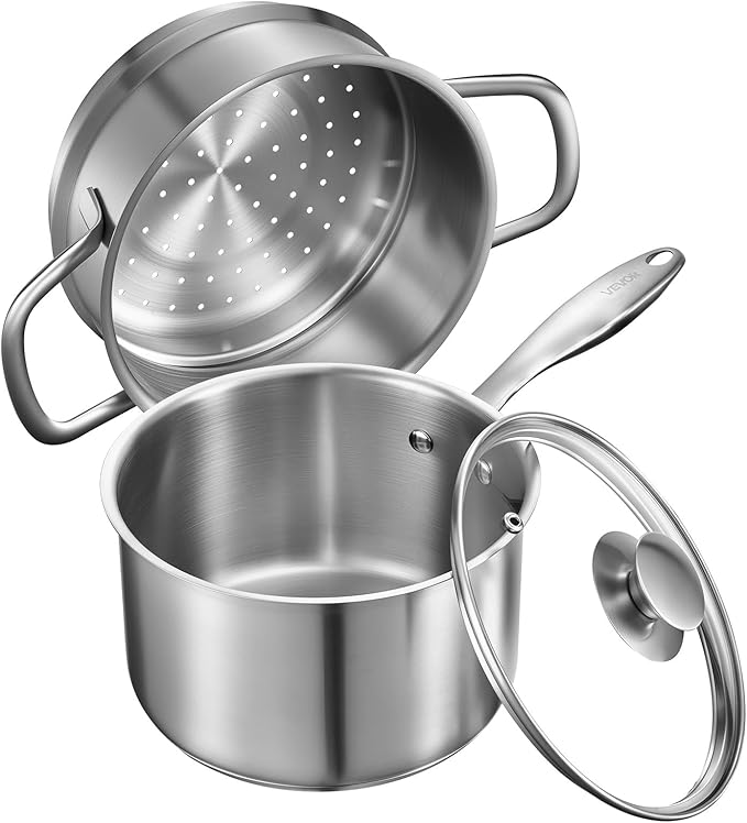VEVOR 2.5 QT Saucepan with Steamer, Stainless Steel Saucepan with Glass Lid, Multipurpose Nonstick Stainless Steel Sauce Pot with Ergonomic Handle, Friendly for Oven, Dishwasher, Induction Cooker