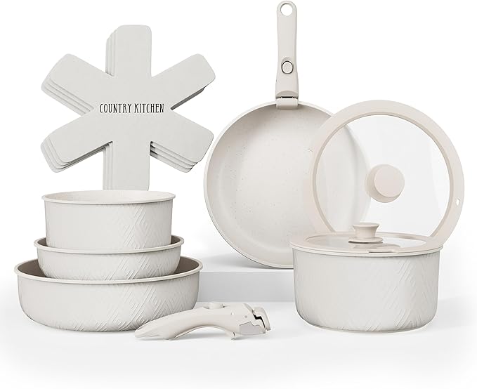 Country Kitchen Cookware Set with Removable Handle, Oven & RV Safe Pots and Pans Set, Cream Rhombus, Original