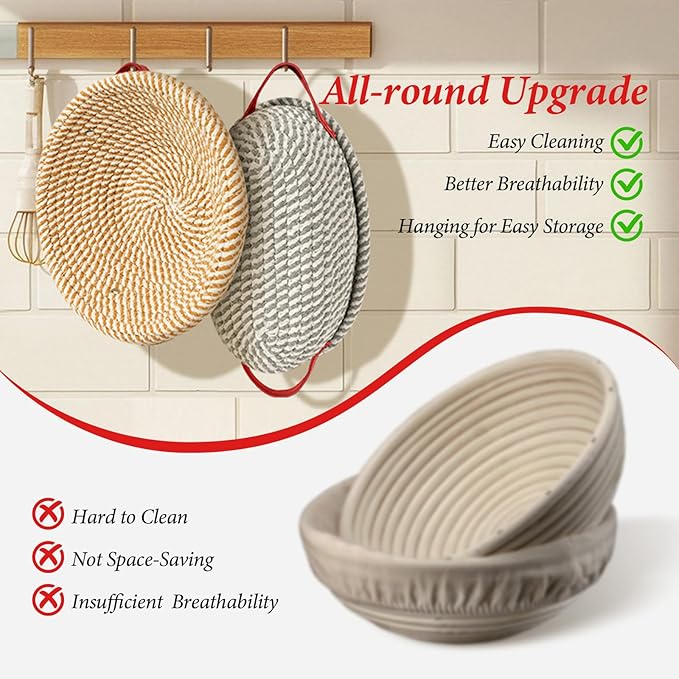 Sourdough Starter Kit - Round & Oval Cotton Rope Banneton Bread Proofing Basket Set, 34oz Sourdough Starter Jar & Bread Making Tools Kit, Sourdough Bread Baking Supplies, Red