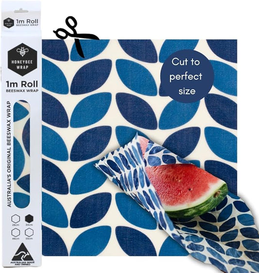 Honeybee Beeswax Wraps - Blue Leaf Pattern Beeswax Roll -Certified Organic Cotton Beeswax Wrap - Reusable Beeswax Wraps for Food - Plastic Wrap & Sandwich Bags Alternative - 40’’ x 13’’