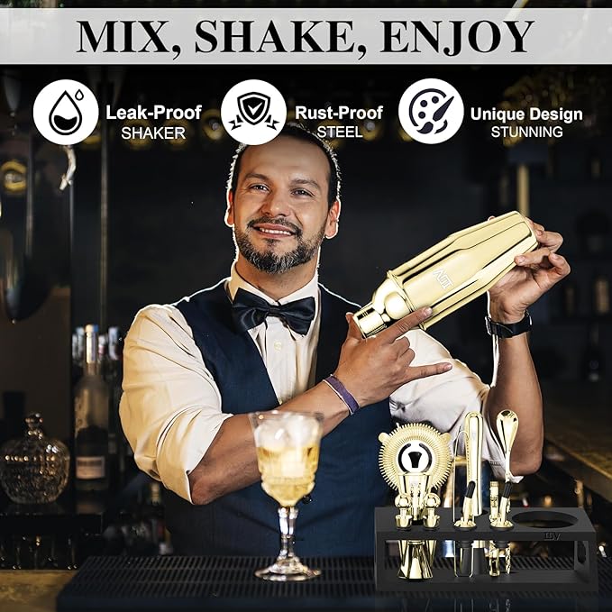 IOV Mixology Bartender Kit With Stand | 12-Piece Cocktail Shaker Set | 24oz Martini Shaker Set For Drink Mixing | Bar Set Includes All Bar Tools And Recipe Booklet | Fun Housewarming Gift (Gold)