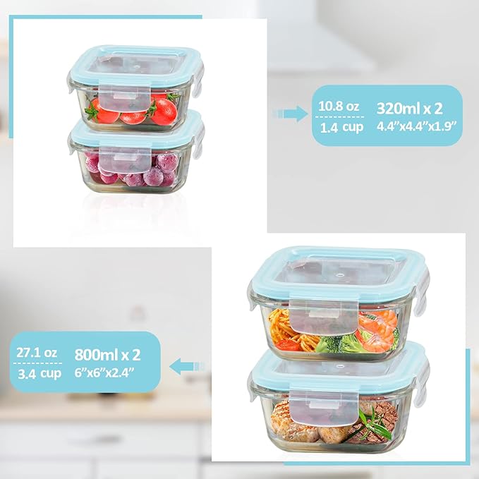 Glass Food Storage Containers with Lids Airtight 4 Pack, Glass Storage Containers with Lids for Food, Not Easy Broken & Leak Proof, Glass Containers with Lids for Oven/Dishwasher Safe, Blue