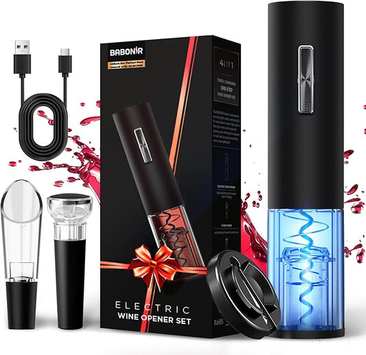 Electric Bottle Wine Opener Set, Automatic Electronic Corkscrew with Blue Led Indicator, Vacuum Stopper, Pourer, and Foil Cutter, Perfect for Home, Party and Wedding, Rechargeable