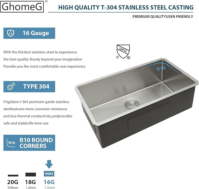 Undermount Kitchen Sink 26 Inch - GhomeG Deep Single Bowl 26x18x9 Inch kitchen sink 16 Gauge Stainless Steel Under Counter Kitchen Sink Basin With R10 Round Corners