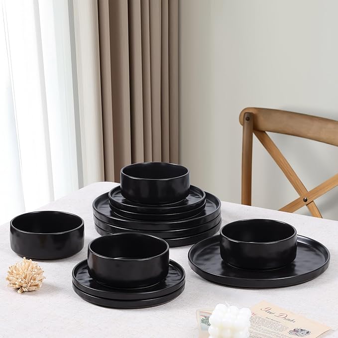 LIANYU Dinnerware Dishes Sets for 4, 12 Piece Stoneware Dinner Plates and Bowls Set, Ceramic Dinning Dishware Includes Salad Plate, Cereal Bowls, Chip Resistant & Dishwasher Safe, Obsidian Matte Black