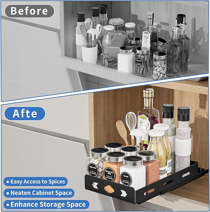 Pull Out Spice Rack Organizer for Cabinet, Heavy Duty-Slide Out Spice Rack, Vertical Spice Rack for Kitchen Cabinet and Pantry (6.3''Wx10.5''Dx2.8''H, Metal Black)