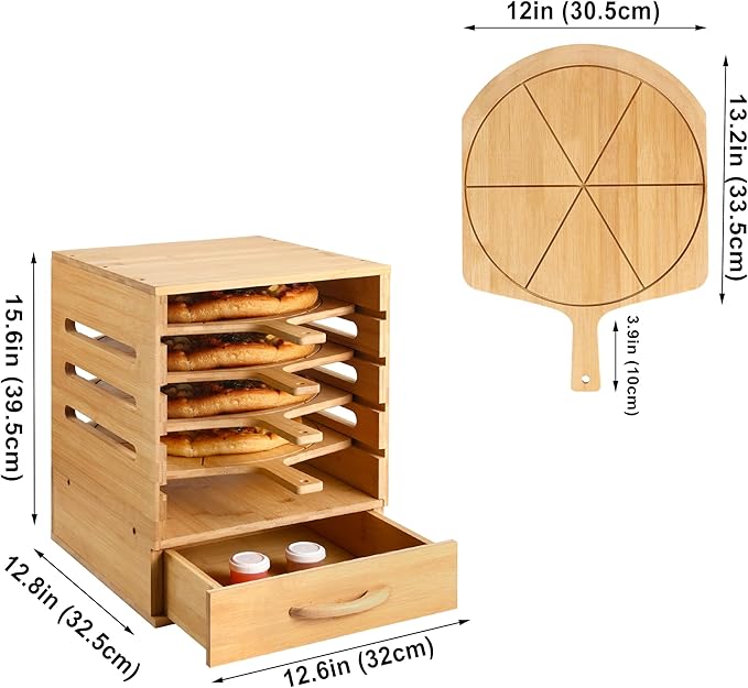 Wood Pizza Peel Rack with Spice Drawer,Includes 4 x 12 Inch Non-Stick Bamboo Pizza Boards with 6 Slice Grooves,Real Wood Pizza Paddle Stand for Making Pizza or Bread Pie