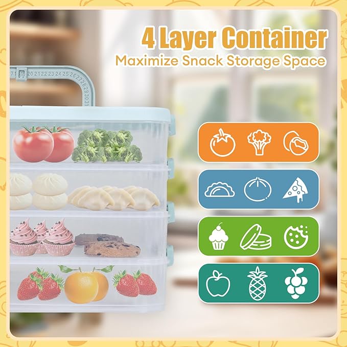 4 Layers Storage Container, 1.61'' Extra-High Layer, Cookie Carrier, Dumpling Box, Stackable Food Container (White & Mint Green)