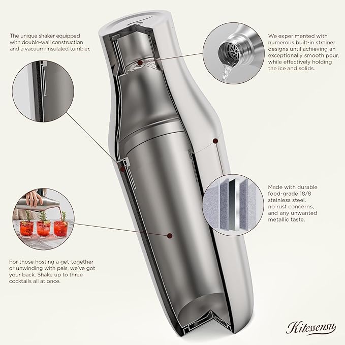 Kitessensu Hybrid Cocktail Shaker | Vacuum Insulated Stainless Steel Martini Shaker with Double Wall Martini Cup | Integrated Measuring System | Tumbler Lid & Cocktail Recipes Included | Cream