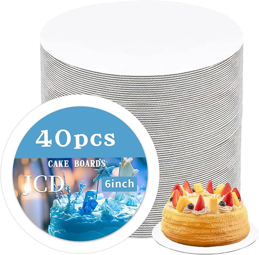 JCD 40 Pcs Cake Trays, White Cake Boards 6 inch Round for Cake DIY, Food-Graded Cardboard Cake Rounds Cake Base, Waxed Greaseproof Finish Cake Boards, Dessert and Crafts Display(White, 6inch/40Pcs)