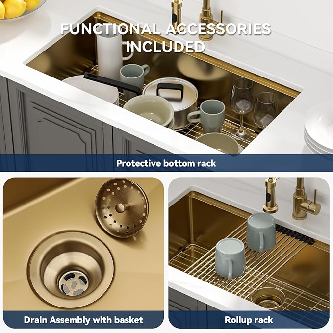 Lordear Gold Undermount Kitchen Sink 36" x 19" Stainless Steel Sinks 16 Gauge Single Bowl Ledge Workstation Handmade Under Counter Kitchen Sink Basin with Built-In Accessories