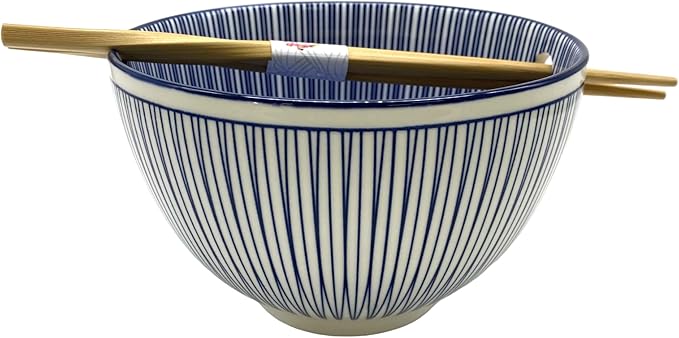 Urban Tokyo Porcelain Japanese Motif Design Ramen Udon Noodle Rice Bowl With Chopsticks 20 fl oz 6 inch Diameter Bowl Sets Color Box Packaging (Tokusa Lines)