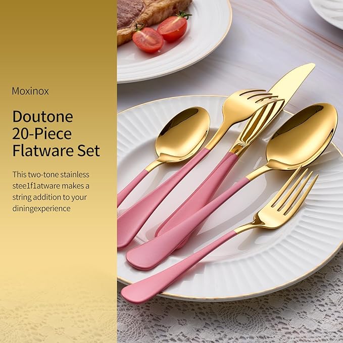 20-Piece Gold Silverware Set, 18/0 Stainless Steel Pink Handle Flatware Set, Service for 4, Modern Cutlery Set Includes Dinner Knives Forks Spoons, Mirror Polished, Dishwasher Safe
