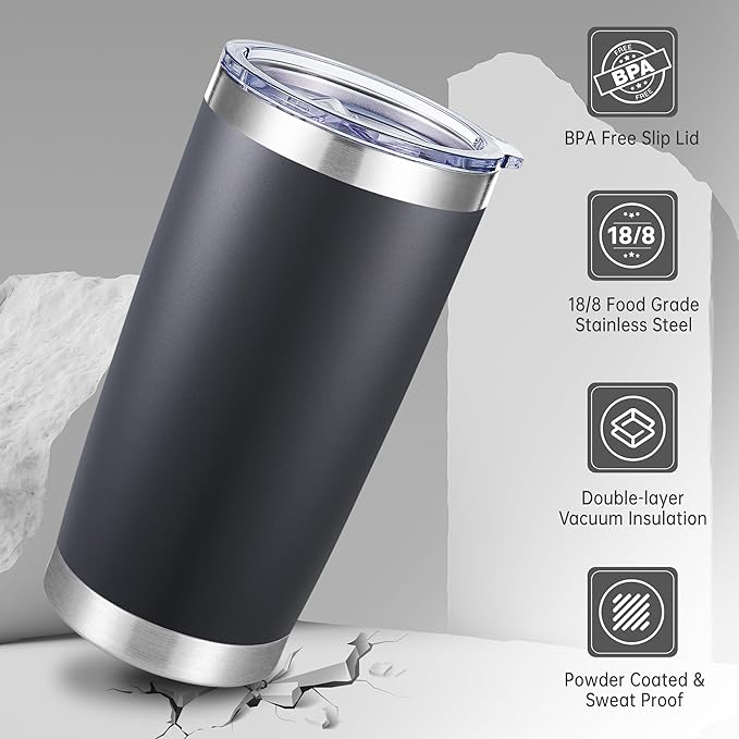 20 oz Tumblers Bulk Stainless Steel Tumbler with Lid Double Wall Vacuum Insulated Coffee Mug 20oz Powder Coated Cup for Hot and Cold Drinks, Black, 12 pack