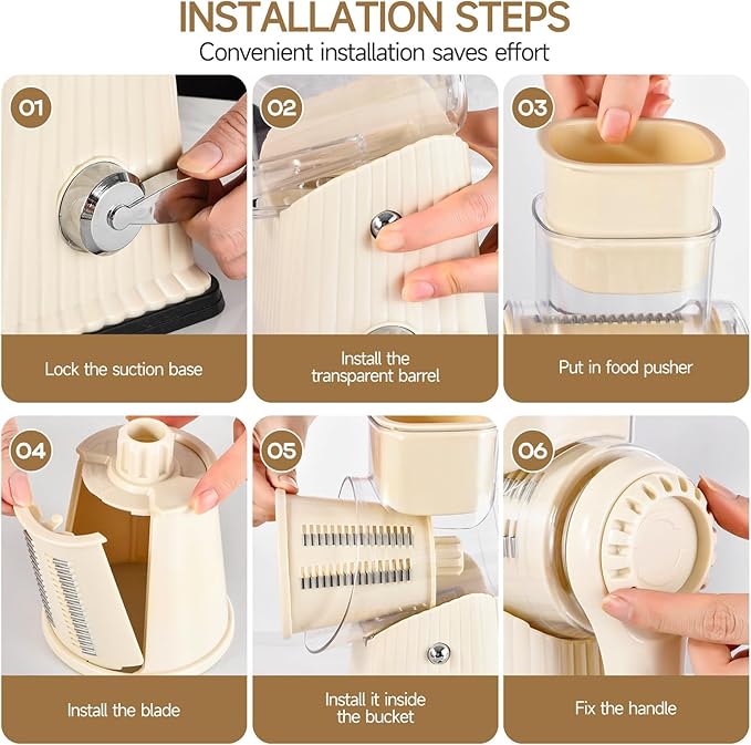 Xilrvna RotaryCheese Grater,VegetableShredder 5 in 1 Cheese Grater with HandleedderReinforcedSuction,EasytoClean,KitchenChopperforCrushedIce,Fruits and Nuts with Blade Storage Case（White