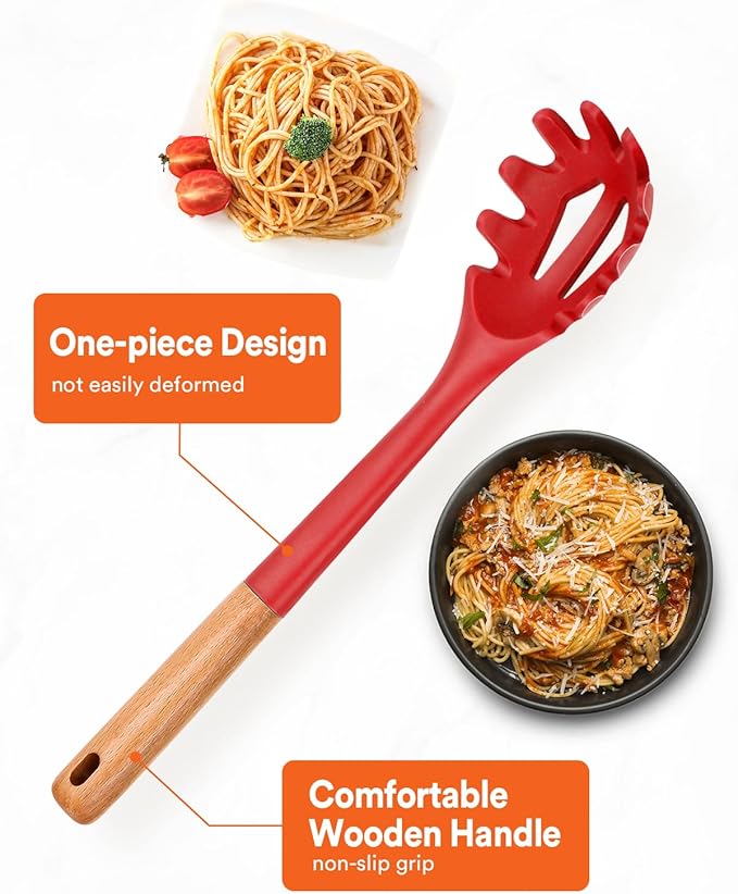 Silicone Pasta Fork, Kitchen Heat Resistant Noodle Spoon Server, BPA Free Spaghetti Strainer,12.8 inch (RED)