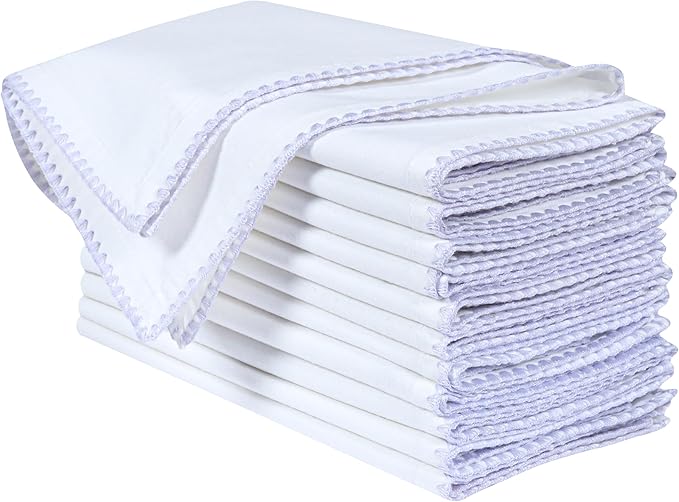 Bedding Craft Cotton Cloth Dinner Napkins Set of 12 – 18x18 Lavender Blue Napkins with Colored Edge Embroidery – Washable Fabric Napkins for Wedding Table Décor, Restaurants, Events & Everyday Dining