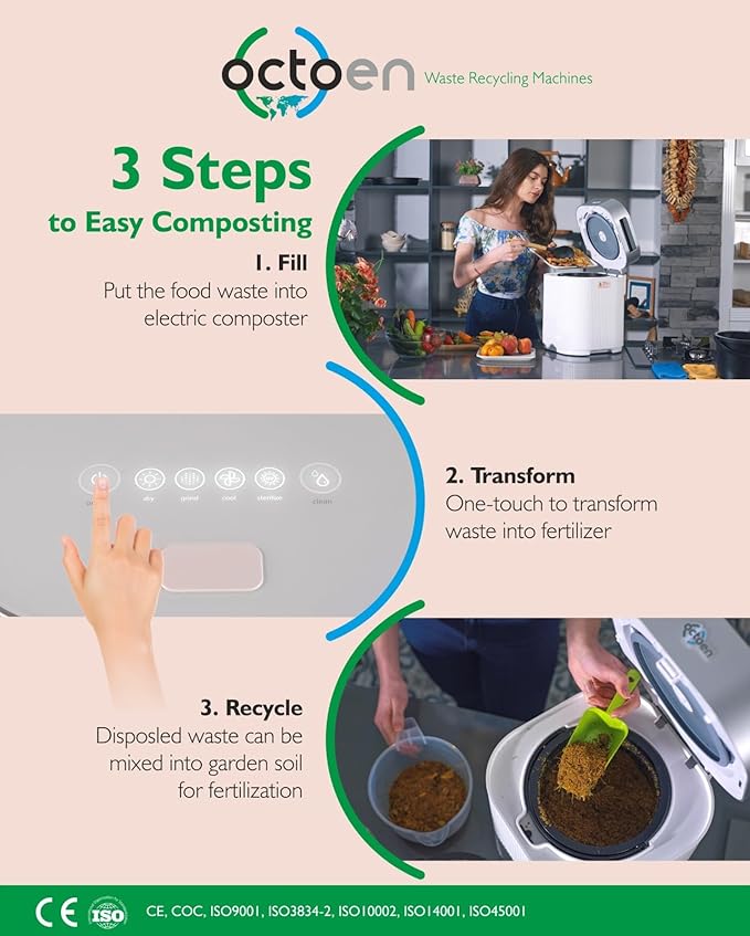 3L Electric Kitchen Composter w/ 2 Free Filters, 3 Modes w/Auto Cleaning UV-C Light Sanitizer, Rapid Conversion Within 2-8 Hours. Indoor/Outdoor, Turn Food Waste to Fertilizer for Garden, by OCTOEN