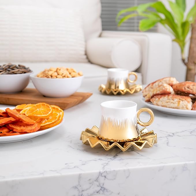 Turkish Coffee Cup Set of 6 with Saucers & Tray - Luxury Arabic Greek Japanese Marble Ceramic Tea Cups for Espresso Cappuccino Latte Mocha, Ideal Gift - 3.5oz,- White