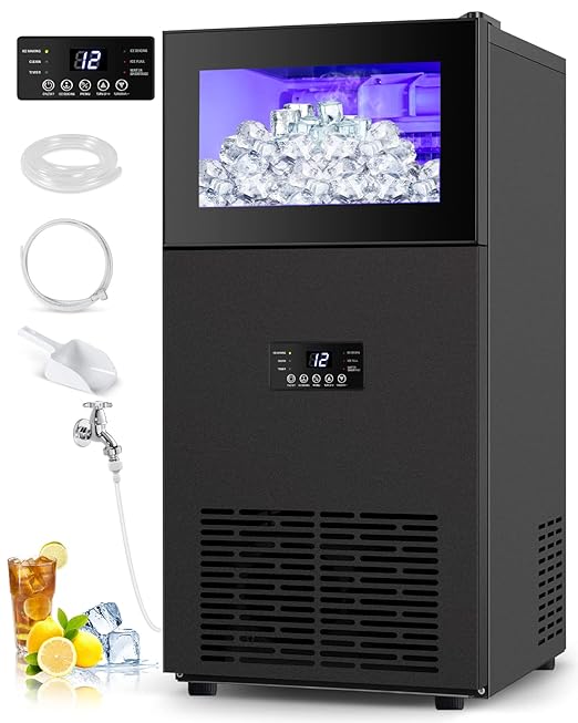 Upgraded Commercial Ice Maker - 130LBS/24H with 35LBS Storage Bin, 15" Wide Frosted Black Undercounter/Freestanding Ice Machine for Home Bar & Outdoor Use - Produces 45 Ice Cubes