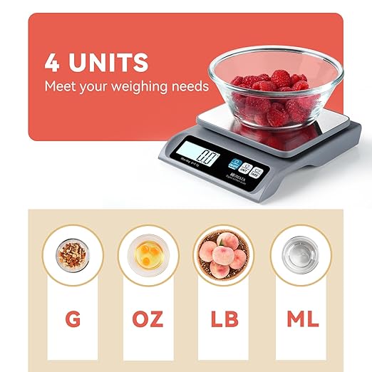 BOMATA 0.1g/ 13lb Food Scale, Digital Kitchen Scale with Removable Stainless Steel Pan, Backlit LCD Display, for Cooking, Baking B621 Grey