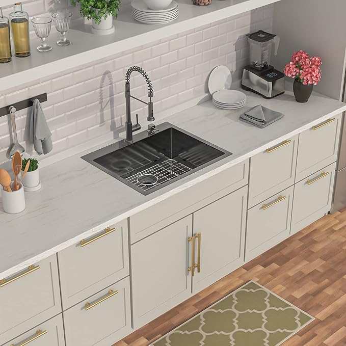 Lordear 25 Drop In Kitchen Sink 25 x 22 inch Gunmetal Black Drop Sink 16 Gauge Stainless Steel Single Bowl Topmount Over Counter Bar Prep Kitchen Sinks Basin