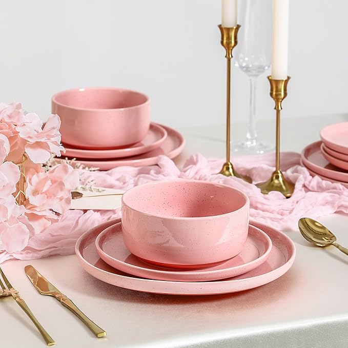 GZG Modern Art Series - 18 Pcs Speckled Stoneware Plates and Bowls Sets, Ceramic Dinnerware Set with Rustic Terracotta Underside, Microwave and Dishwasher Safe Handcrafted Dishes Set - Blush Pink