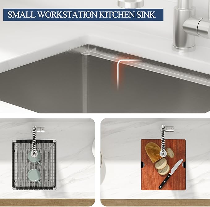 Lordear Undermount RV Kitchen Sink 12x15x9 Inch Small Bar Prep RV Kitchen Sinks 16 Gauge Stainless Steel Single Bowl Workstation with Cutting Board