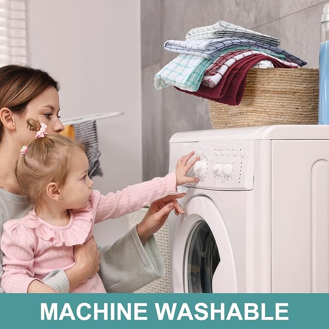 Homaxy Premium Cotton Kitchen Towels 16"x 28", Large Natural Ring Spun 390 GSM Dish Towels, Super Absorbent Terry Kitchen Hand Towels, Soft Tea Towel with Hanging Loop, Aqua Check Design, 8 Pack