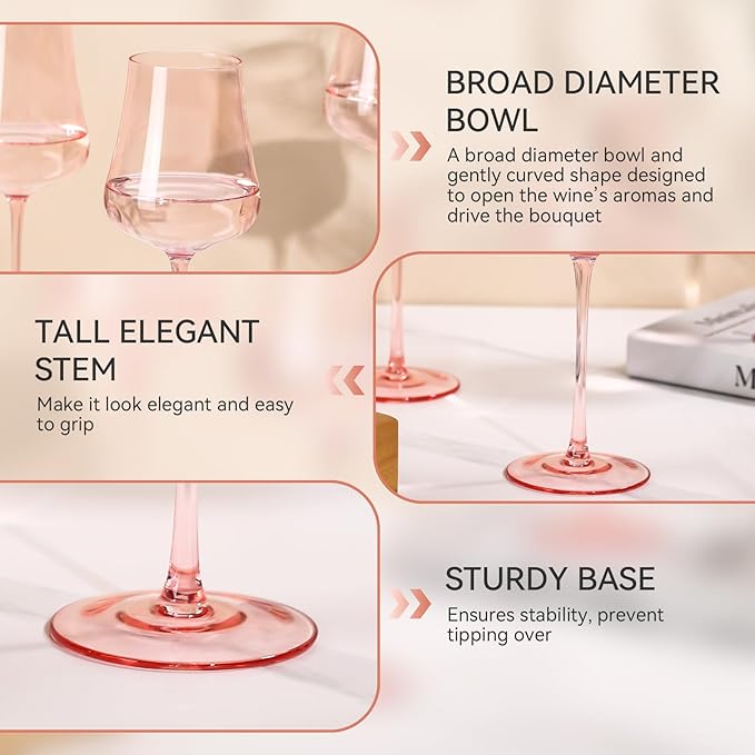 Pink Wine Glasses Set of 6-18oz Hand Blown Blush Pink Wine glasses - Unique Gift for Birthday,Wedding, housewarming