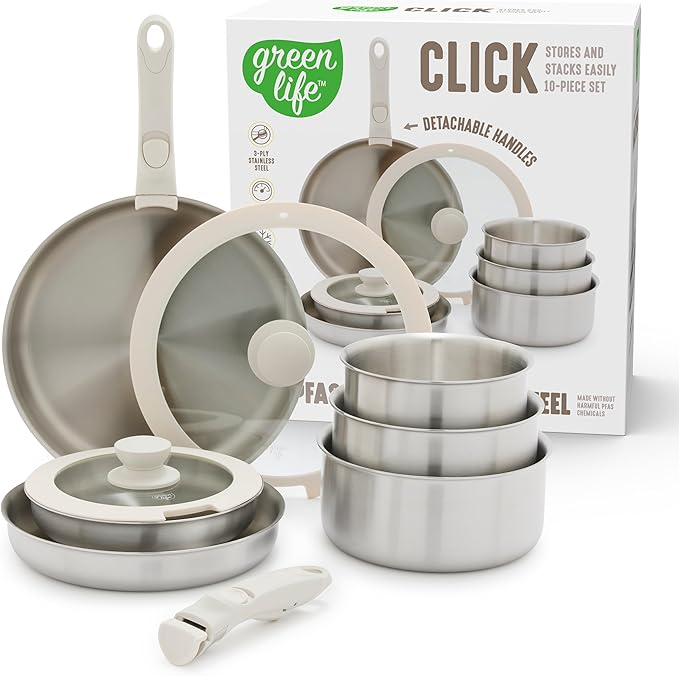 GreenLife 10 Piece Stainless Steel Pots and Pans, Detachable & Stackable Kitchen Set, Tri Ply Clad PFAS Free Cookware, Space Saving with Removable Handle, Induction & Oven Safe, RV Cookware, Glass Lid