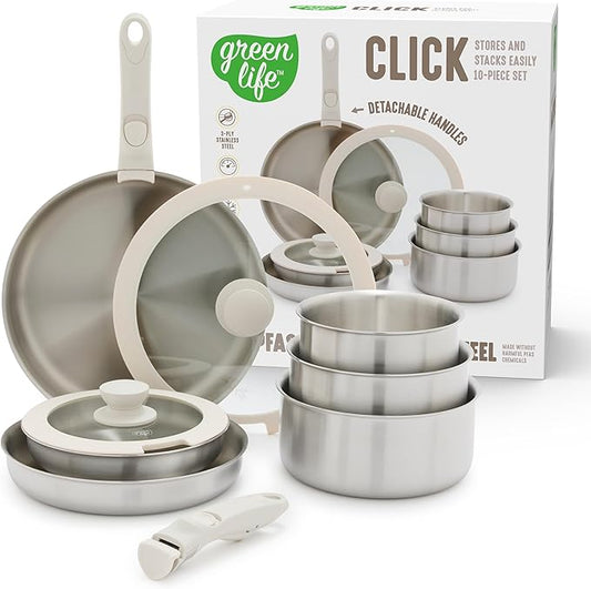 GreenLife 10 Piece Stainless Steel Pots and Pans, Detachable & Stackable Kitchen Set, Tri Ply Clad PFAS Free Cookware, Space Saving with Removable Handle, Induction & Oven Safe, RV Cookware, Glass Lid