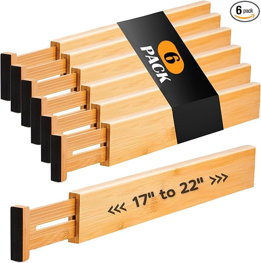 6 pcs Bamboo Kitchen Drawer Dividers Large, Adjustable Drawer Organizers, Spring Loaded, Works in Kitchen, Dresser, Bathroom, Bedroom, Drawer, Desk divider