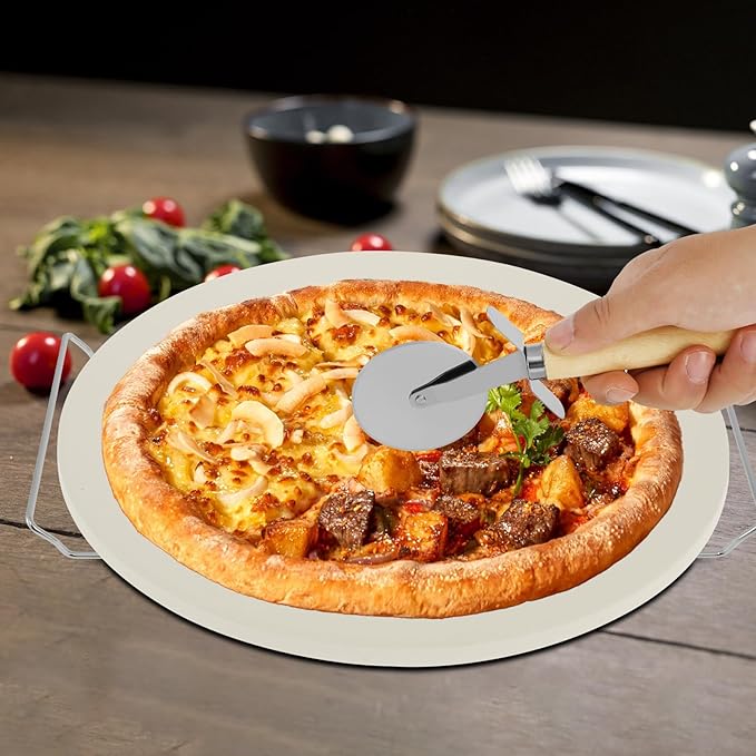13 Inch Round Pizza Stone Pan, Heat Resistant Pizza Stone Baking Tray with Pizza Roller, Heavy Duty Cordierite Pizza Cooking Pan, Easy to Clean Baking Tool Set Suitable for Pizzas