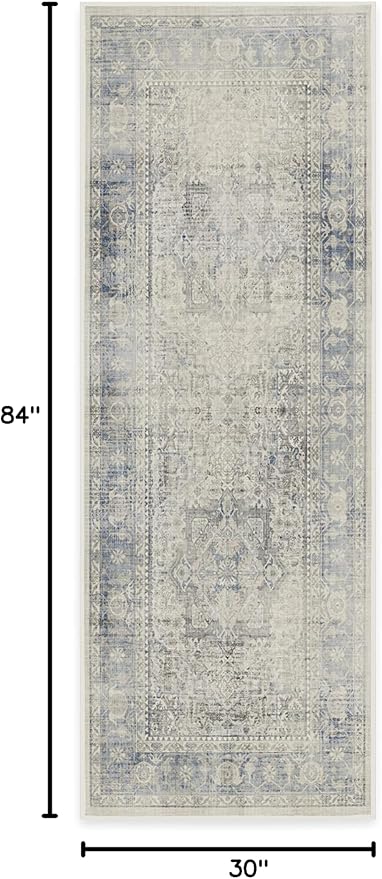RUGGABLE Washable Vintage Runner Rug – Kamran Blue Quartz 2.5x7, Stain-Resistant, Non-Slip Hallway Runner – Machine Washable Rug for Hallway, Entryway, Living Room & Kitchen–with Cushioned Pad