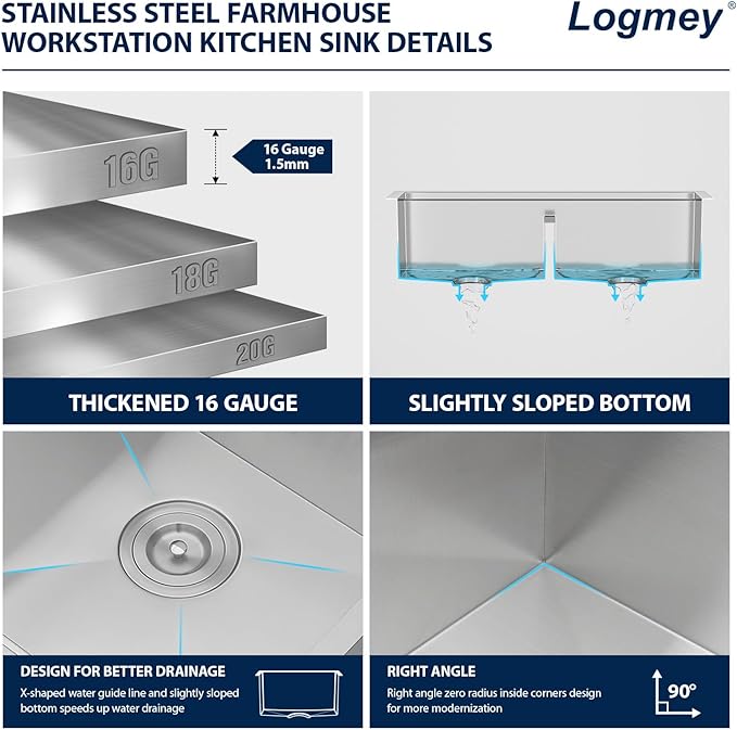 Logmey 33 Farmhouse Sink Double Bowl - 33x21 Inch Stainless Steel Apron Front Kitchen Sink Ledge Workstation Low Divide Double Bowl 50/50 16 Gauge Farm Kitchen Sinks