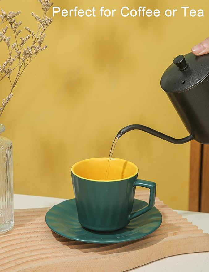 Tea Cups and Saucers, 7.5 OZ Large Espresso Cups Set of 4, Porcelain Coffee Mug and Saucer, Dishwasher & Microwave Safe for Cappuccino, Latte, Mocha, Tea Party, Birthday Gift